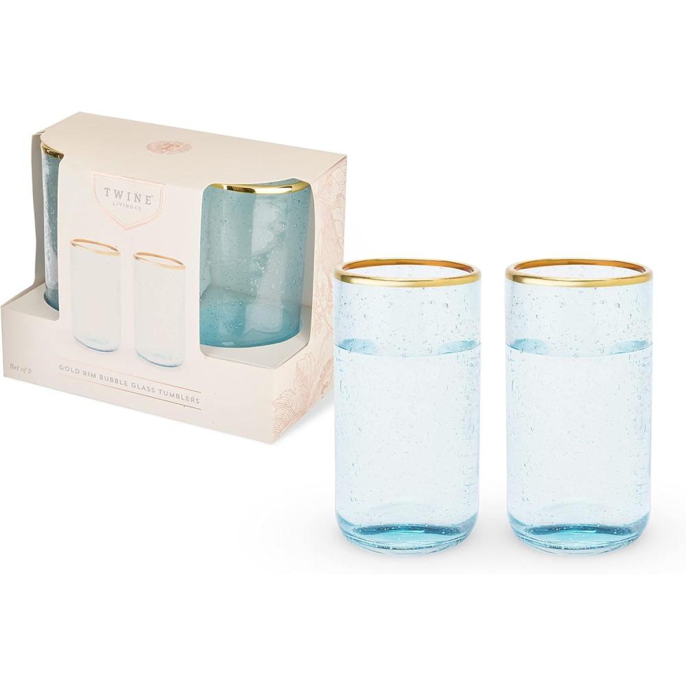 imageTwine Aqua Bubble Gold Rimmed Glass Tumblers  Tinted Water Drinking Glass Kitchen Glassware Glass Cups Set Colored Cocktail Glasses  Set of 2 16 oz BlueBlue