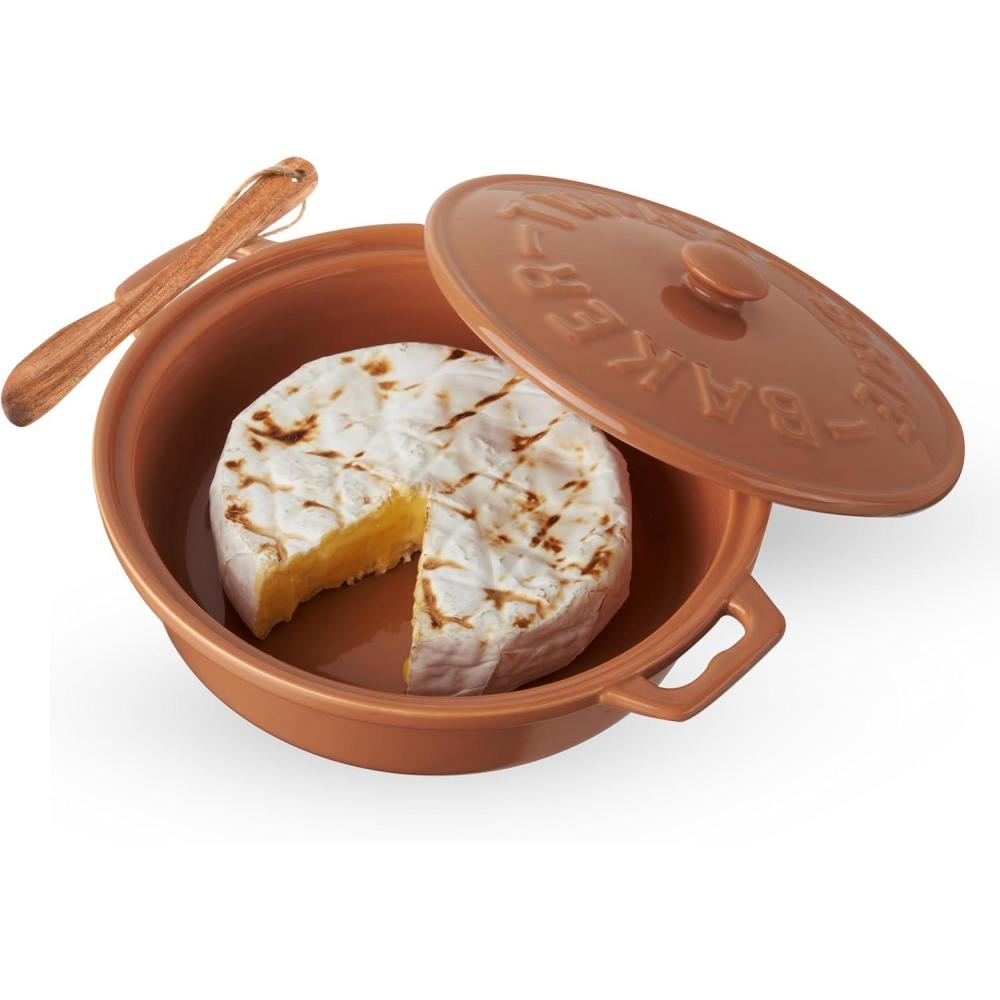 imageTwine Ceramic Brie Baker with Wood Spreader Brie Baking Tools with Lid Bakeware Sets Terra Cotta Ceramic Kitchen Set of 1Terracotta