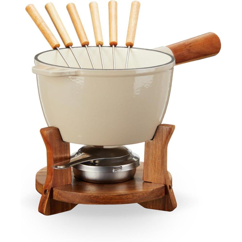 imageTwine Farmhouse Kitchen Enamel Cast Iron Chocolate Fondue Set with Metal Stand Chocolate Melting Pot Cheese Fondue Pot Set 85quot OffCream2 Qt