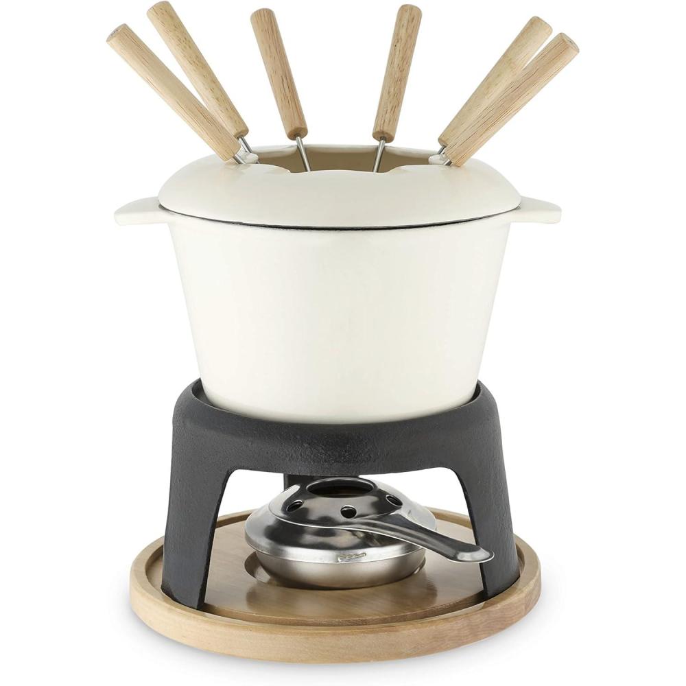 imageTwine Farmhouse Kitchen Enamel Cast Iron Chocolate Fondue Set with Metal Stand Chocolate Melting Pot Cheese Fondue Pot Set 85quot OffCream85