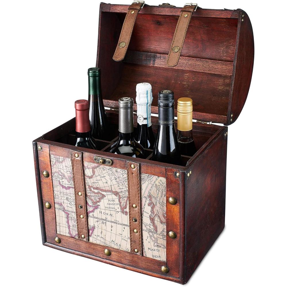 imageTwine Old World Wine Bottle Gift Box Wooden Wine Box with Lid and Handle Wood Faux Leather Antique Map Design Holds 1 Bottle6 Bottles