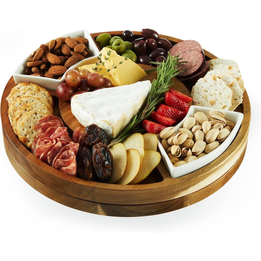 imageTwine Rustic Farmhouse Tapas Board Serveware Acacia Wood Plank Cheese Tray with Handle BrownCharcuterie Lazy Susan