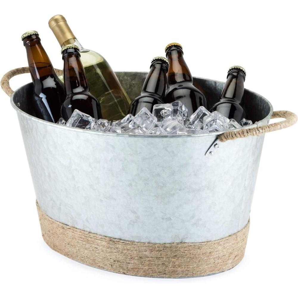 imageTwine Seaside Jute Rope Wrapped Farmhouse Galvanized Ice Metal Beverage Tub Wine Beer Bottle Bucket 45 GallonsJute Rope