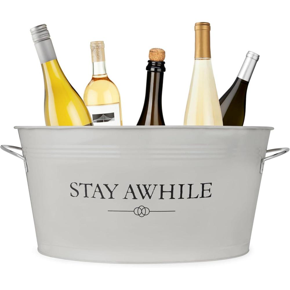 imageTwine Seaside Jute Rope Wrapped Farmhouse Galvanized Ice Metal Beverage Tub Wine Beer Bottle Bucket 45 GallonsStay Awhile