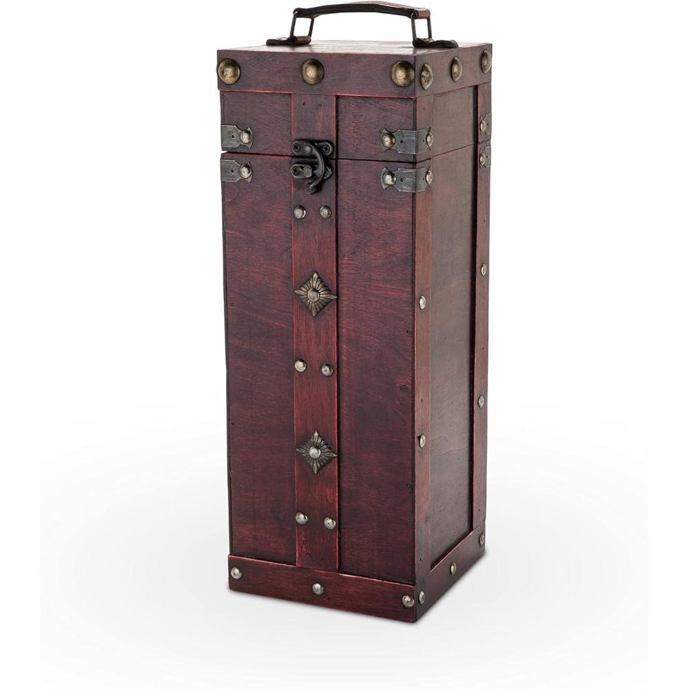 imageTwine Vintage Trunk Wine Bottle Gift Box Wood Wine Box with Lid and Handle Wood Faux Leather Brass Cloth Holds 2 BottleAntique