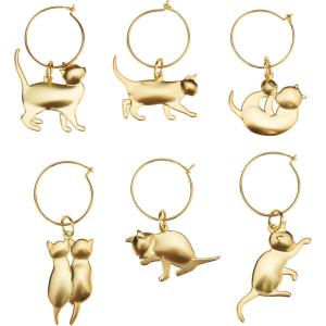 Twine Antiqued farmhouse decor wine charms and drink markers for wine glasses, 6 count(Gold Cat Wine Charms)