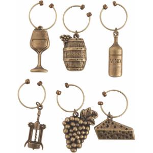 Twine Antiqued farmhouse decor wine charms and drink markers for wine glasses, 6 count(Vineyard)