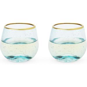 Twine Aqua Bubble Gold Rim Stemless Wine Glasses, Tinted Glass, Set of 2, 12 oz Capacity(12 Ounces)