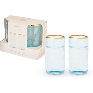 Twine Aqua Bubble Gold Rimmed Glass Tumblers – Tinted Water Drinking Glass, Kitchen Glassware Glass Cups Set, Colored Cocktail Glasses – Set of 2, 16 oz, Blue(Blue)