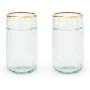 Twine Aqua Bubble Gold Rimmed Glass Tumblers – Tinted Water Drinking Glass, Kitchen Glassware Glass Cups Set, Colored Cocktail Glasses – Set of 2, 16 oz, Blue(Green Tumbler Set)