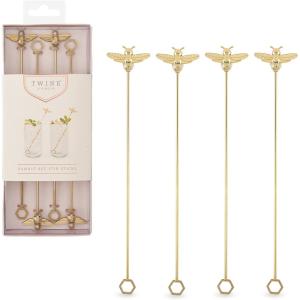 Twine Bee Stir Sticks, Gold Bumble Bee Swizzle Sticks, Stainless Steel Drink Stirrers, Gold Plated Cocktail Accessories, Highly Detailed, Set of 4(Bumble Bee)