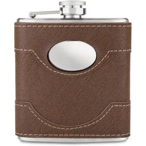 Twine Bootlegger Metal Flask – Leather Wrap Stainless Steel Flask with Lift Cap, Liquor Whiskey Drinking Metal Container, Novelty Flask – 6oz, Brown