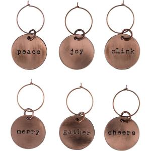 Twine Brushed Copper Holiday Wine Charms for Glasses, Drink Markers for Birthday, Wedding, Bachelor, Bachelorette, Thanksgiving, Christmas Party, Picnic, Outdoor, Home Bar Accessories, Set of 6