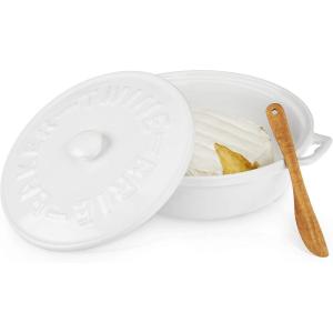 Twine Ceramic Brie Baker with Wood Spreader, Brie Baking Tools with Lid Bakeware Sets, Terra Cotta Ceramic, Kitchen Set of 1(White)