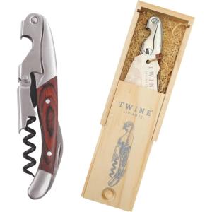 Twine Double Hinged Waiters Corkscrew Wine Opener in Wooden Gift Box, Durable Stainless Steel with Built-in Bottle Opener and Foil Cutter for Home Bar, Kitchen, Travel, Gifts for Wine Lovers, Set of 1(With Gift Box)