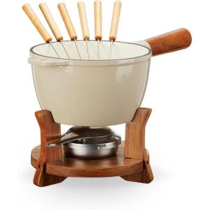 Twine Farmhouse Kitchen Enamel Cast Iron Chocolate Fondue Set with Metal Stand, Chocolate Melting Pot, Cheese Fondue Pot Set, 8.5″, Off-Cream(2 Qt)