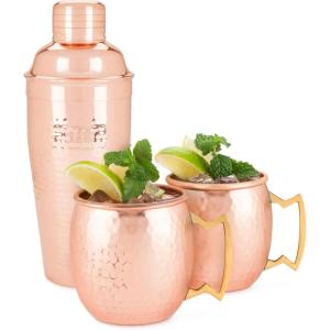 Twine Hammered Moscow Mule Mug Cocktail Set with Shaker for Mixed Drinks, Stainless Steel Kitchen Set, Barware, Set of 2, Copper(Copper Bar Set)