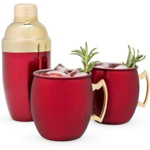 Twine Hammered Moscow Mule Mug Cocktail Set with Shaker for Mixed Drinks, Stainless Steel Kitchen Set, Barware, Set of 2, Copper(Red Holiday Bar Set)