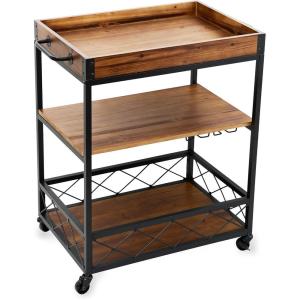 Twine Modern Manor Bar Cart, Wheeled Rustic Industrial Portable Serving Cart with Removable Tray for Liquor, Glassware, and Wine, Wood, Metal, Set of 1