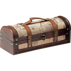 Twine Old World Wine Bottle Gift Box, Wooden Wine Box with Lid and Handle, Wood, Faux Leather, Antique Map Design, Holds 1 Bottle(1 Bottle)
