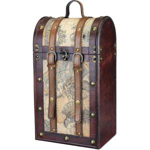 Twine Old World Wine Bottle Gift Box, Wooden Wine Box with Lid and Handle, Wood, Faux Leather, Antique Map Design, Holds 1 Bottle(2 Bottle)