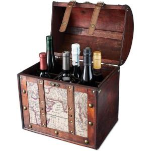 Twine Old World Wine Bottle Gift Box, Wooden Wine Box with Lid and Handle, Wood, Faux Leather, Antique Map Design, Holds 1 Bottle(6 Bottles)