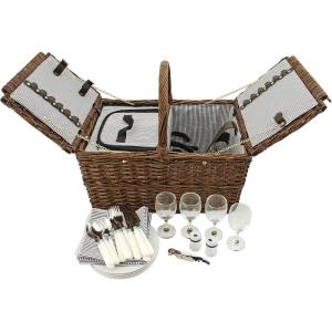Twine Picnic Blanket – Waterproof Outdoor Blanket with Leather Carrying Straps and Picnic Stakes – Navy/White Striped 6pc Set of 1(Cape Cod Picnic Basket)