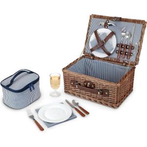 Twine Picnic Blanket – Waterproof Outdoor Blanket with Leather Carrying Straps and Picnic Stakes – Navy/White Striped 6pc Set of 1(Newport Picnic Basket)