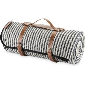 Twine Picnic Blanket – Waterproof Outdoor Blanket with Leather Carrying Straps and Picnic Stakes – Navy/White Striped 6pc Set of 1(Picnic Blanket)