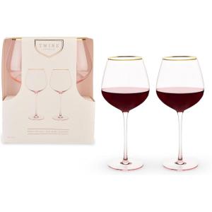 Twine Rose Crystal Stemless Wine Glasses Set, Pink Tinted with Gold Rim, Elegant Drinking Glasses for Red and White Wines, Wedding Gifts, Housewarming, Decorative Glassware, Home Bar,18 oz, Set of 2(Red Wine Glass)