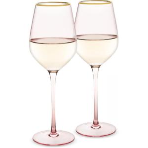 Twine Rose Crystal Stemless Wine Glasses Set, Pink Tinted with Gold Rim, Elegant Drinking Glasses for Red and White Wines, Wedding Gifts, Housewarming, Decorative Glassware, Home Bar,18 oz, Set of 2(White Wine Glass)