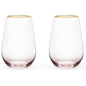 Twine Rose Crystal Stemless Wine Glasses Set, Pink Tinted with Gold Rim, Elegant Drinking Glasses for Red and White Wines, Wedding Gifts, Housewarming, Decorative Glassware, Home Bar,18 oz, Set of 2(Stemless Wine Glass)