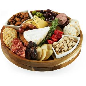 Twine Rustic Farmhouse Tapas Board Serveware, Acacia Wood Plank, Cheese Tray with Handle Brown(Charcuterie Lazy Susan)