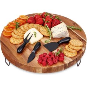 Twine Rustic Farmhouse Tapas Board Serveware, Acacia Wood Plank, Cheese Tray with Handle Brown(Footed Board and Knife Set)