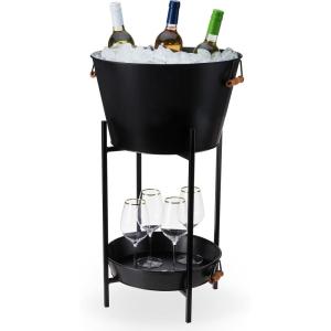 Twine Seaside Jute Rope Wrapped Farmhouse Galvanized Ice Metal Beverage Tub, Wine, Beer Bottle Bucket, 4.5 Gallons(Black Galvanized)
