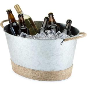 Twine Seaside Jute Rope Wrapped Farmhouse Galvanized Ice Metal Beverage Tub, Wine, Beer Bottle Bucket, 4.5 Gallons(Jute Rope)