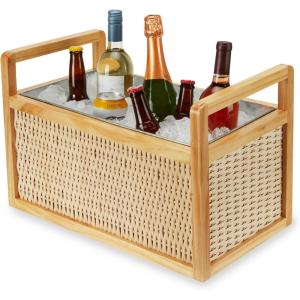 Twine Seaside Jute Rope Wrapped Farmhouse Galvanized Ice Metal Beverage Tub, Wine, Beer Bottle Bucket, 4.5 Gallons(Rattan & Wood)