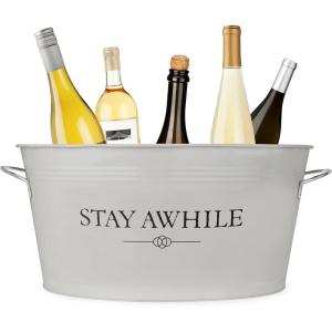 Twine Seaside Jute Rope Wrapped Farmhouse Galvanized Ice Metal Beverage Tub, Wine, Beer Bottle Bucket, 4.5 Gallons(Stay Awhile)