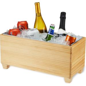 Twine Seaside Jute Rope Wrapped Farmhouse Galvanized Ice Metal Beverage Tub, Wine, Beer Bottle Bucket, 4.5 Gallons(Wooden Tub)