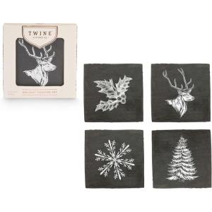 Twine Slate Coasters, Festive Square Coasters with Unique Designs, Slate with Velvet Backing, Protect Tables and Surfaces, Black, Set of 4(Black)