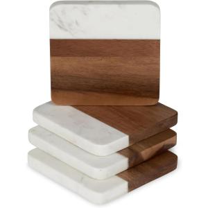 Twine Square Slate Coasters, Modern Square Coasters, Slate with Velvet Backing, Protect Tables and Surfaces, Black, Set of 4(Acacia and Marble)