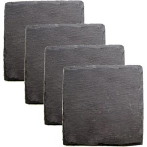 Twine Square Slate Coasters, Modern Square Coasters, Slate with Velvet Backing, Protect Tables and Surfaces, Black, Set of 4(Boxed Slate Coaster)