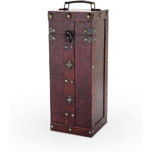 Twine Vintage Trunk Wine Bottle Gift Box, Wood Wine Box with Lid and Handle, Wood, Faux Leather, Brass, Cloth, Holds 2 Bottle(Antique)