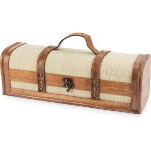 Twine Vintage Trunk Wine Bottle Gift Box, Wood Wine Box with Lid and Handle, Wood, Faux Leather, Brass, Cloth, Holds 2 Bottle(Vintage Striped)