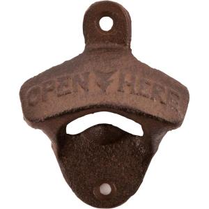 Twine Wall Mounted Bottle Opener with Open Here Slogan and Distressed Finish – Iron Bottle Opener, Brown, Set of 1(Wall Mounted)
