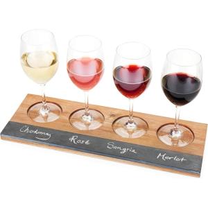 Twine Wine Flight Board with Slate Chalkboard & Acacia Wood Tray, Holds 4 Glasses, Includes Soapstone Chalk, Perfect for Wine Tasting Parties, Housewarming, Hosting Essentials(Flight Board)