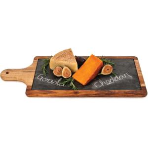 Twine Acacia Wood and Slate Cheese Board Paddle, Charcuterie Board, Slate Serving Board, 17.8″x7.1″, Gourmet Gift Set